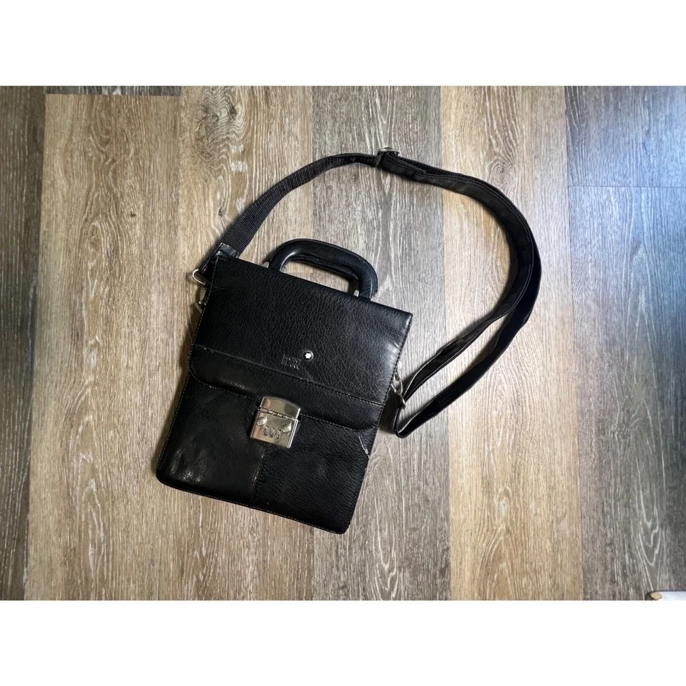 Montblanc Messenger Bag Mens Medium Black Leather Combination Lock Crossbody